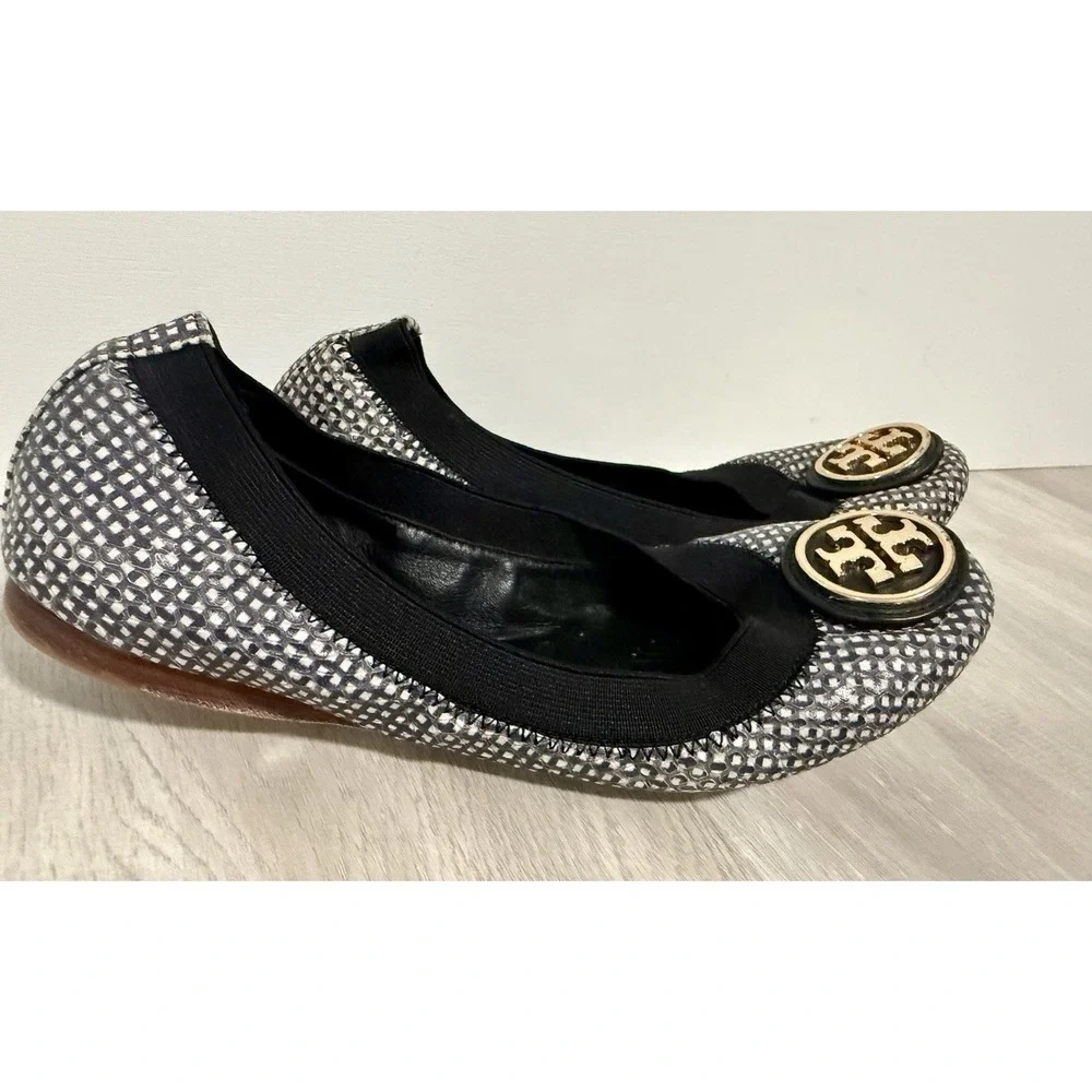 Tory Burch Reva Ballet Flats Womens‎ 5 Black White Checkered Good Patent Leather